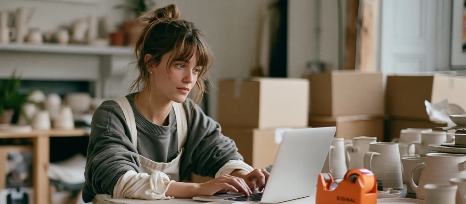 Woman typing on a laptop at a packing table in a small warehouse, with ceramic mugs and shipping boxes beside her