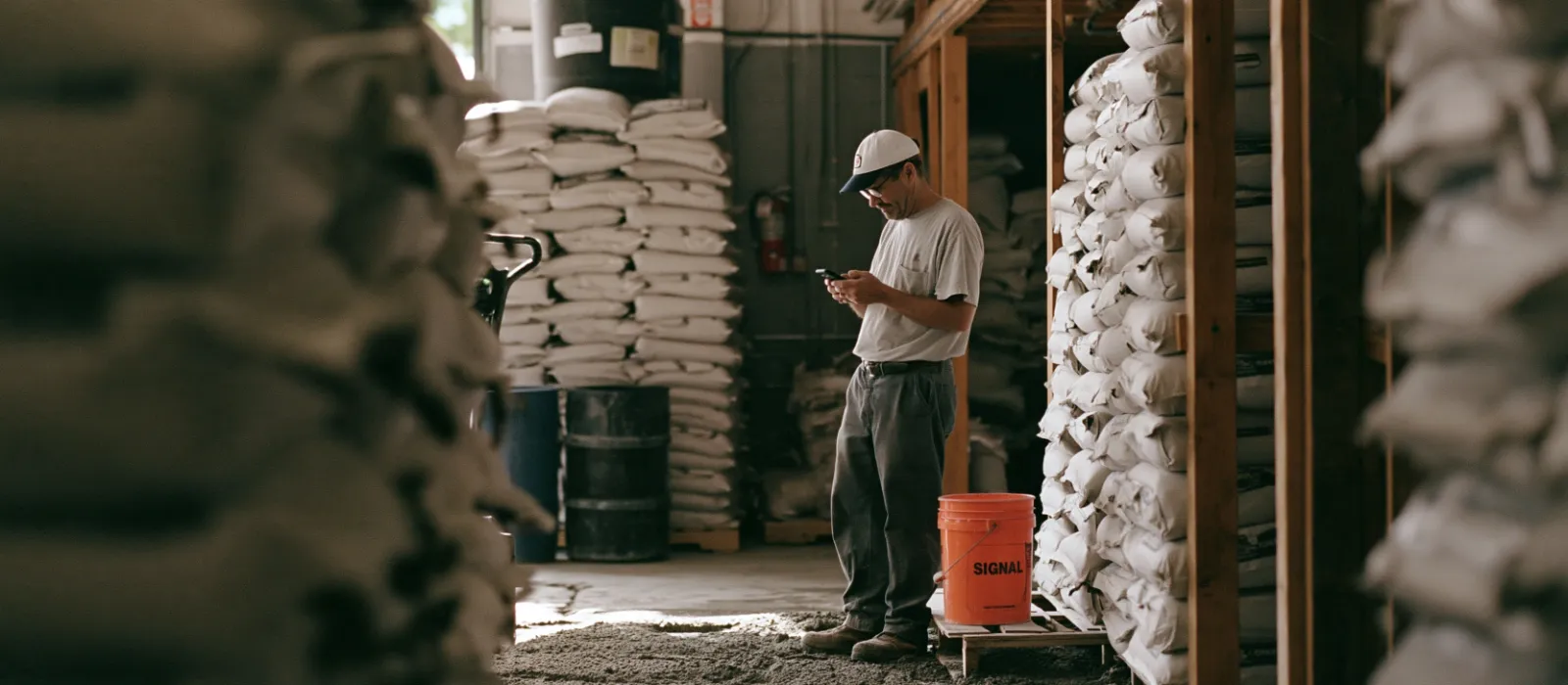 Building materials dealer placing an order on his phone in his stockroom, between stacked bags of tile adhesive