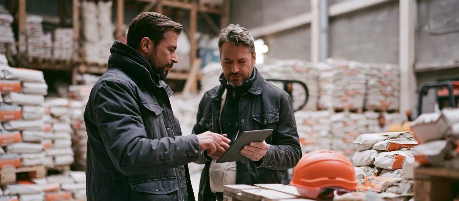 A field sales rep standing among pallets in a building supplies dealer's warehouse, showing the dealer a promotion on a tablet