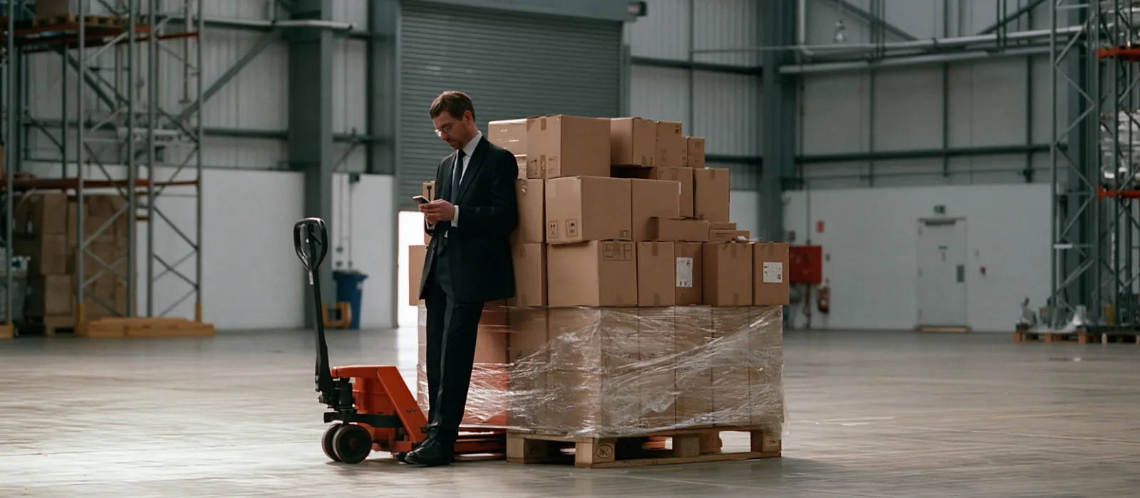 A sales manager in a wholesale warehouse checking his phone beside a shrink-wrapped pallet of boxes