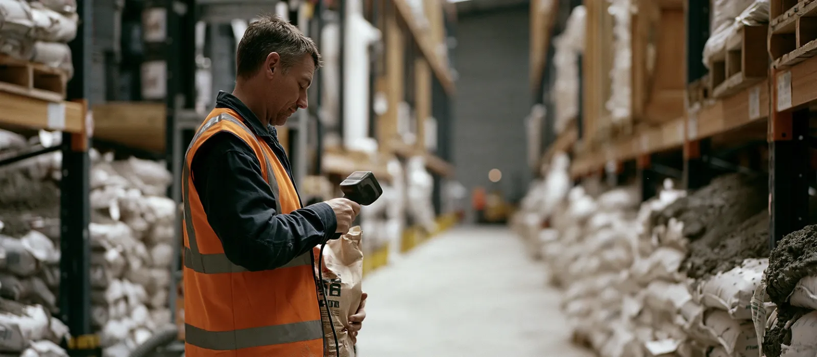A warehouse picker between tall pallet racks scanning the barcode on a sack of tile adhesive with a handheld scanner