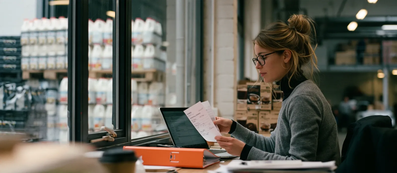 A woman in a food wholesaler's dispatch office holding a signed delivery note and sending an invoice from a laptop, milk crates visible through the window