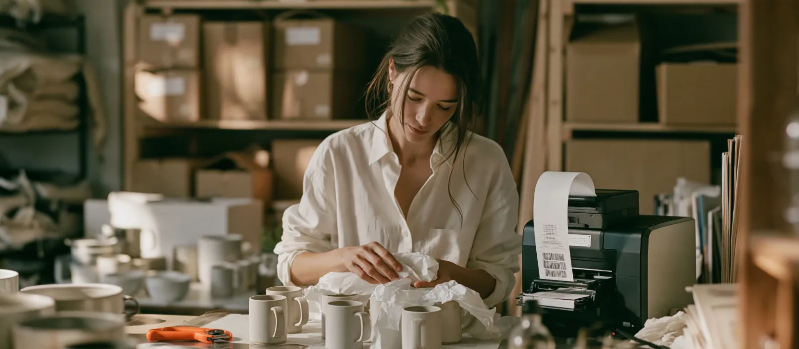 A woman at a packing table in a small e-commerce stockroom wrapping ceramic mugs in paper while a label printer feeds out a shipping label