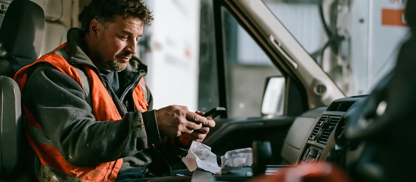A heating technician in the cab of his van photographing a fuel receipt on the dashboard with his phone