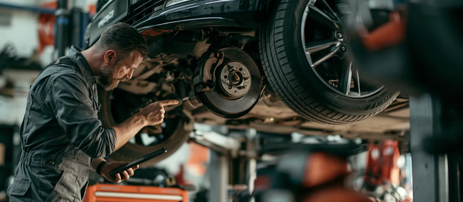 Mechanic under a car raised on a lift, looking at the work order on a tablet