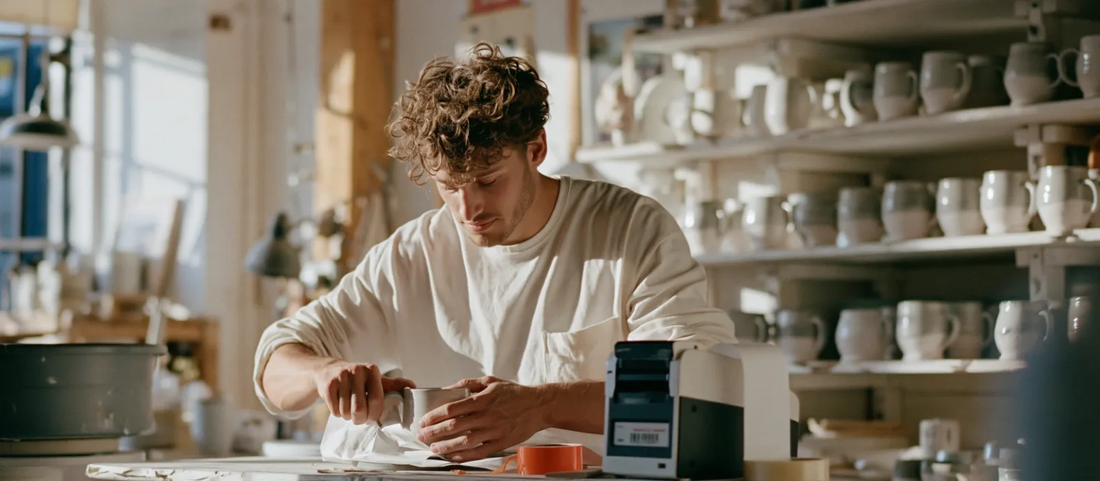 A young man at the packing table of a ceramics studio wrapping a mug in paper while a shipping label comes out of a small printer beside him