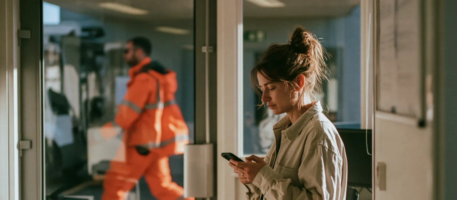 Woman in a building management office looking at her phone while a technician in an orange jacket walks past the glass door