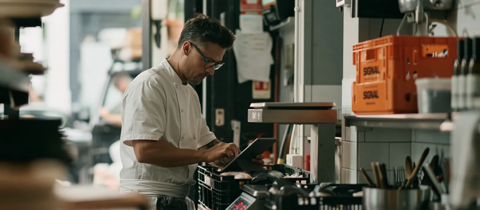 Chef in a restaurant storeroom weighing a crate of fish on a scale and entering the amount on a tablet