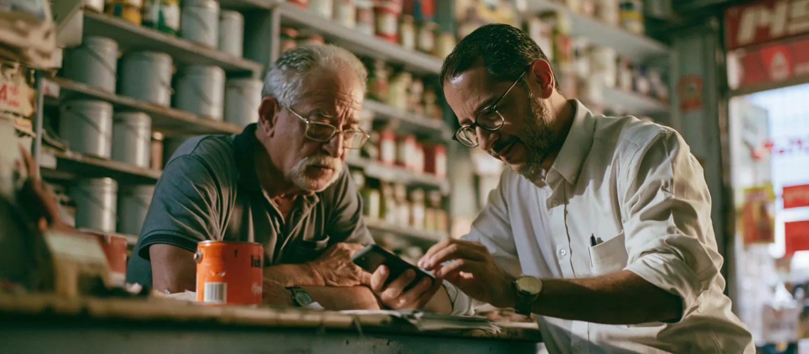 Sales rep entering an order on his phone at the counter of a hardware shop, next to the shop owner