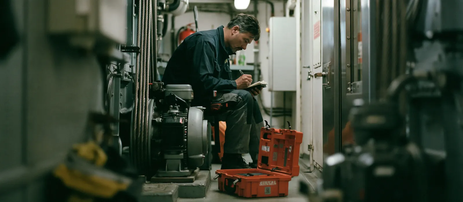 A lift technician filling in a service form on his phone next to the motor in an apartment building's machine room