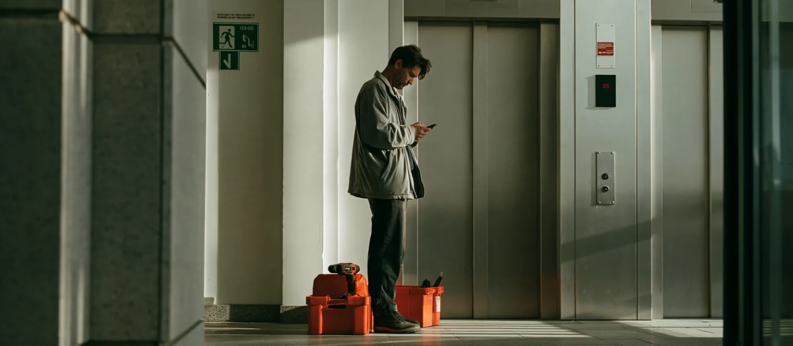 Building manager in the lobby of an apartment block next to the lift, checking a fault report on his phone