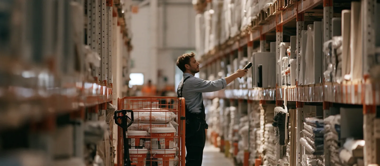 A warehouse worker scanning a shelf bin with a handheld terminal in an aisle of tall racking, a picking trolley beside him