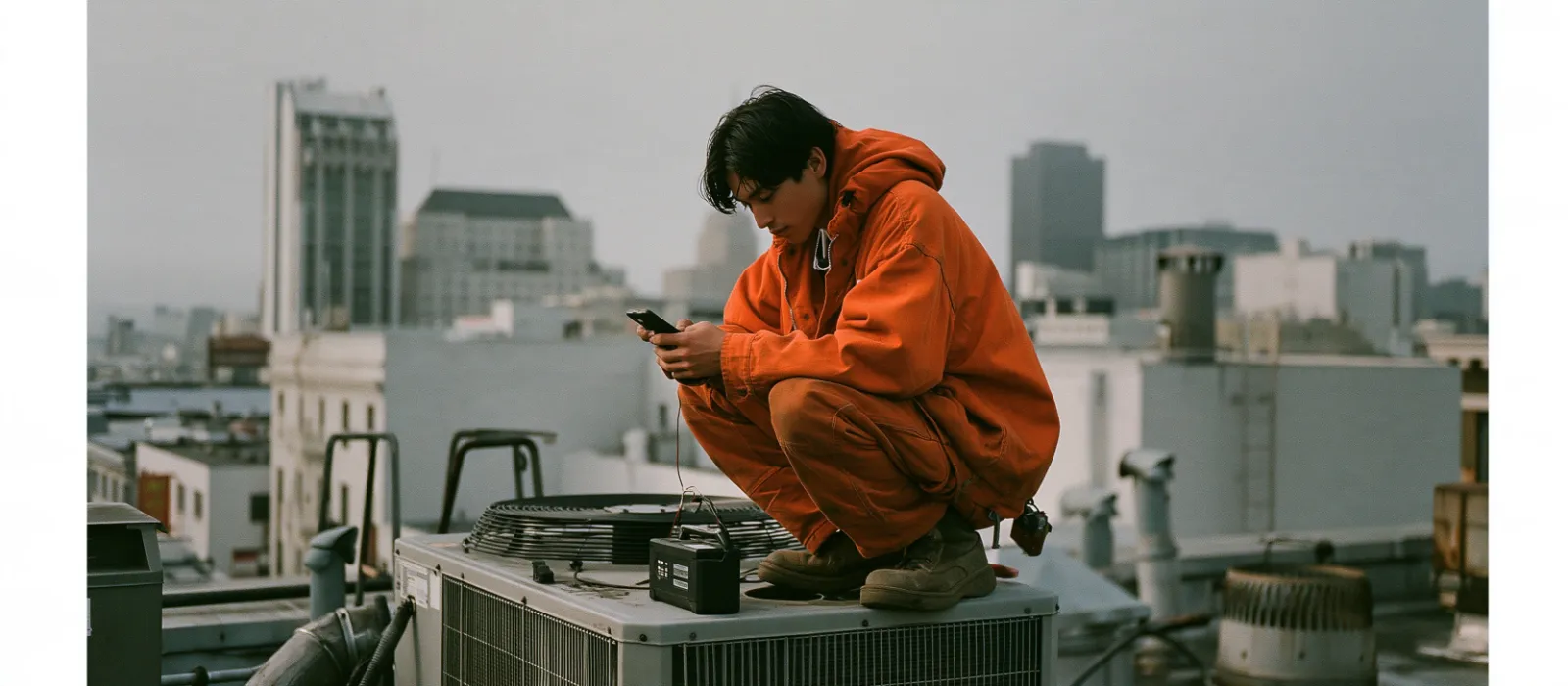 HVAC technician checking his phone next to an outdoor unit on a rooftop