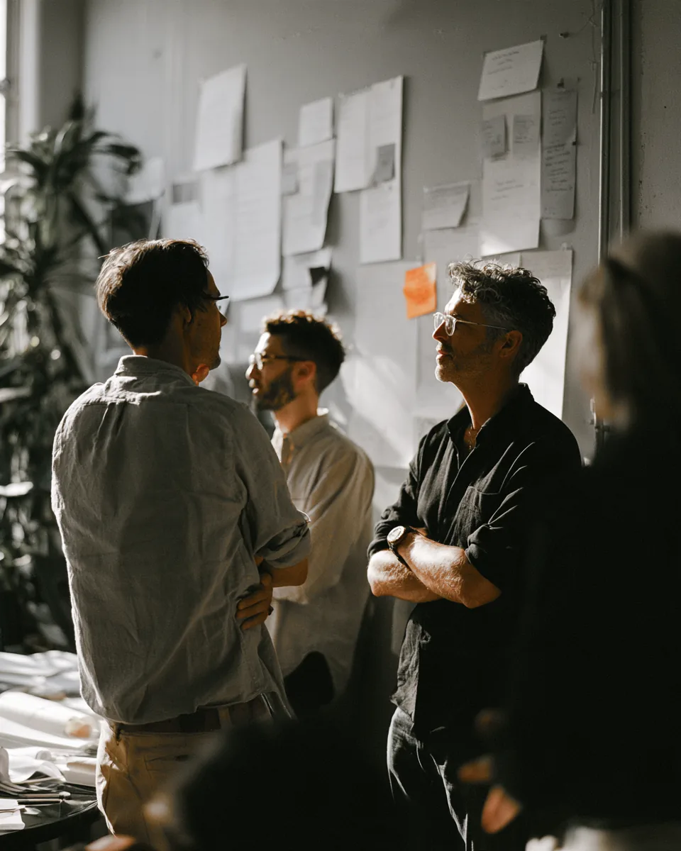 A small office team holding a short stand-up meeting in front of a wall covered in notes, with a single orange note on the wall