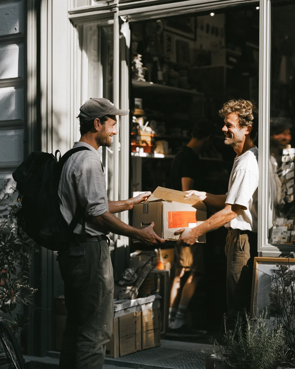 Courier handing a parcel with an orange shipping label to a worker at a workshop door