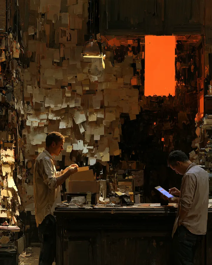 Staff taking down paper notes from the wall while a tablet is tried out on the counter; oil painting