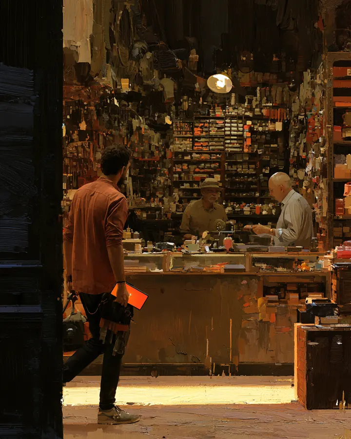 The shop on a working day: a technician heads out with a tablet while the owner serves a customer; oil painting