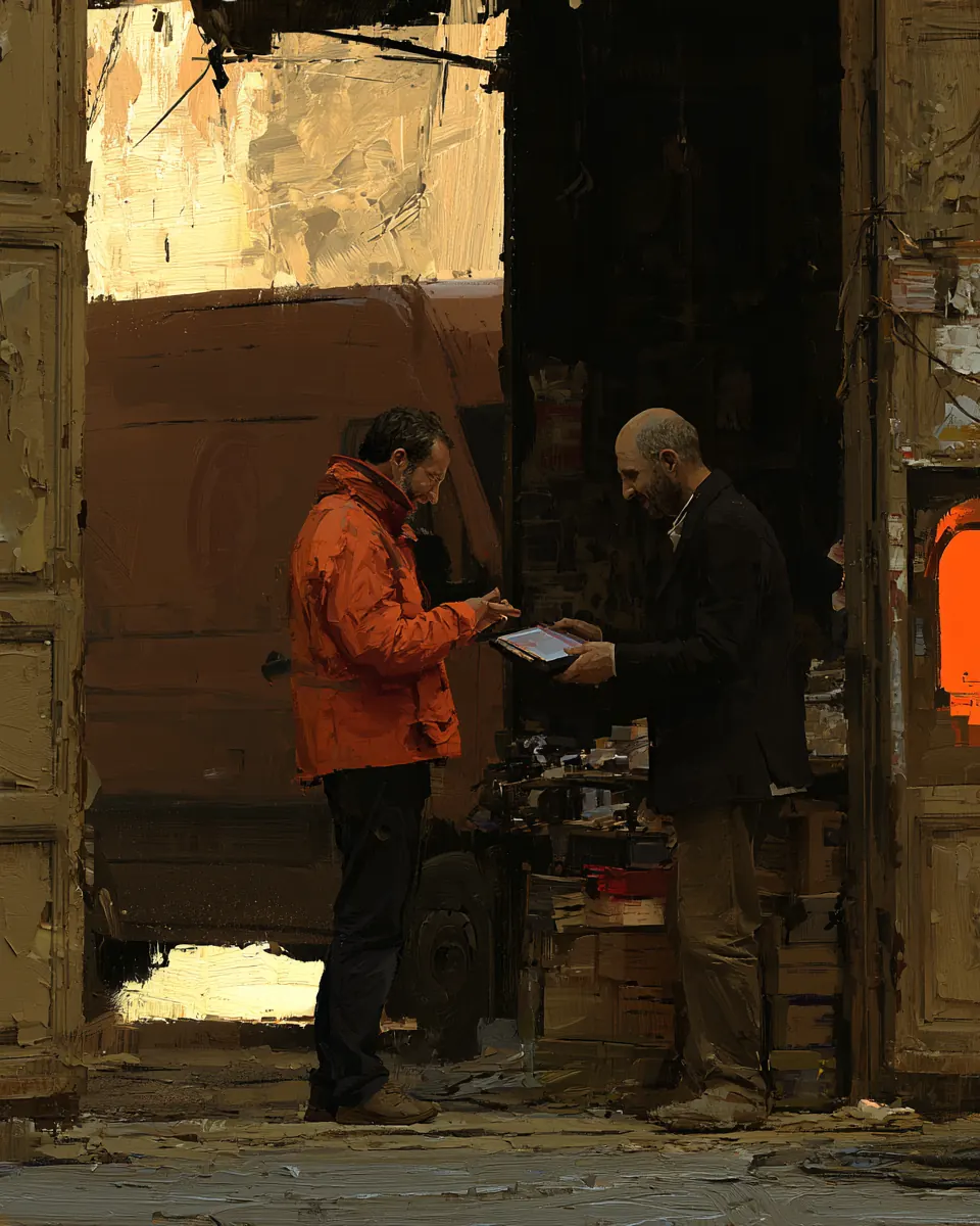 Field sales rep showing an order on a tablet at the door of a dealer’s shop; oil painting