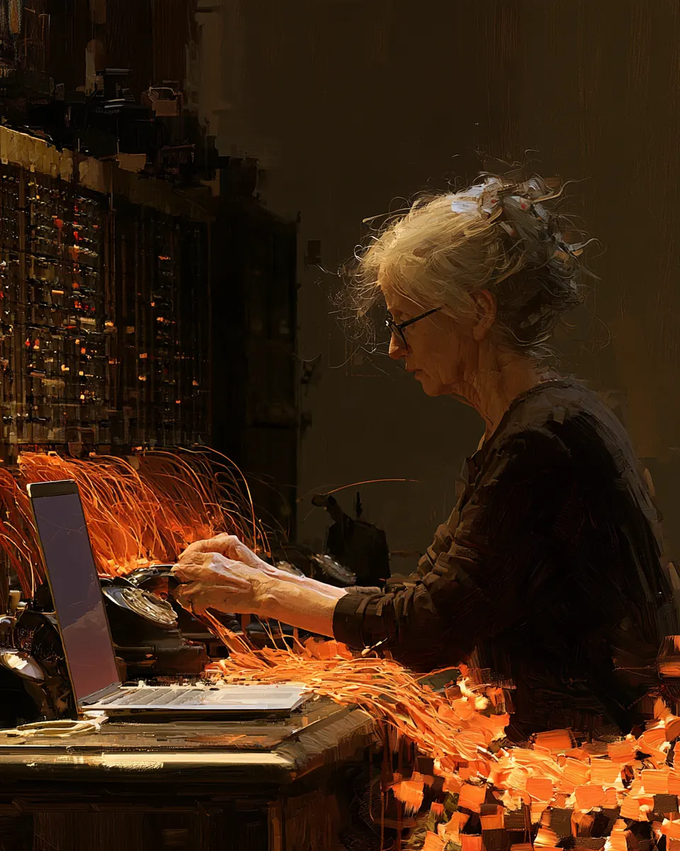 Woman connecting orange cables in an old telephone exchange, with a laptop beside her; oil painting