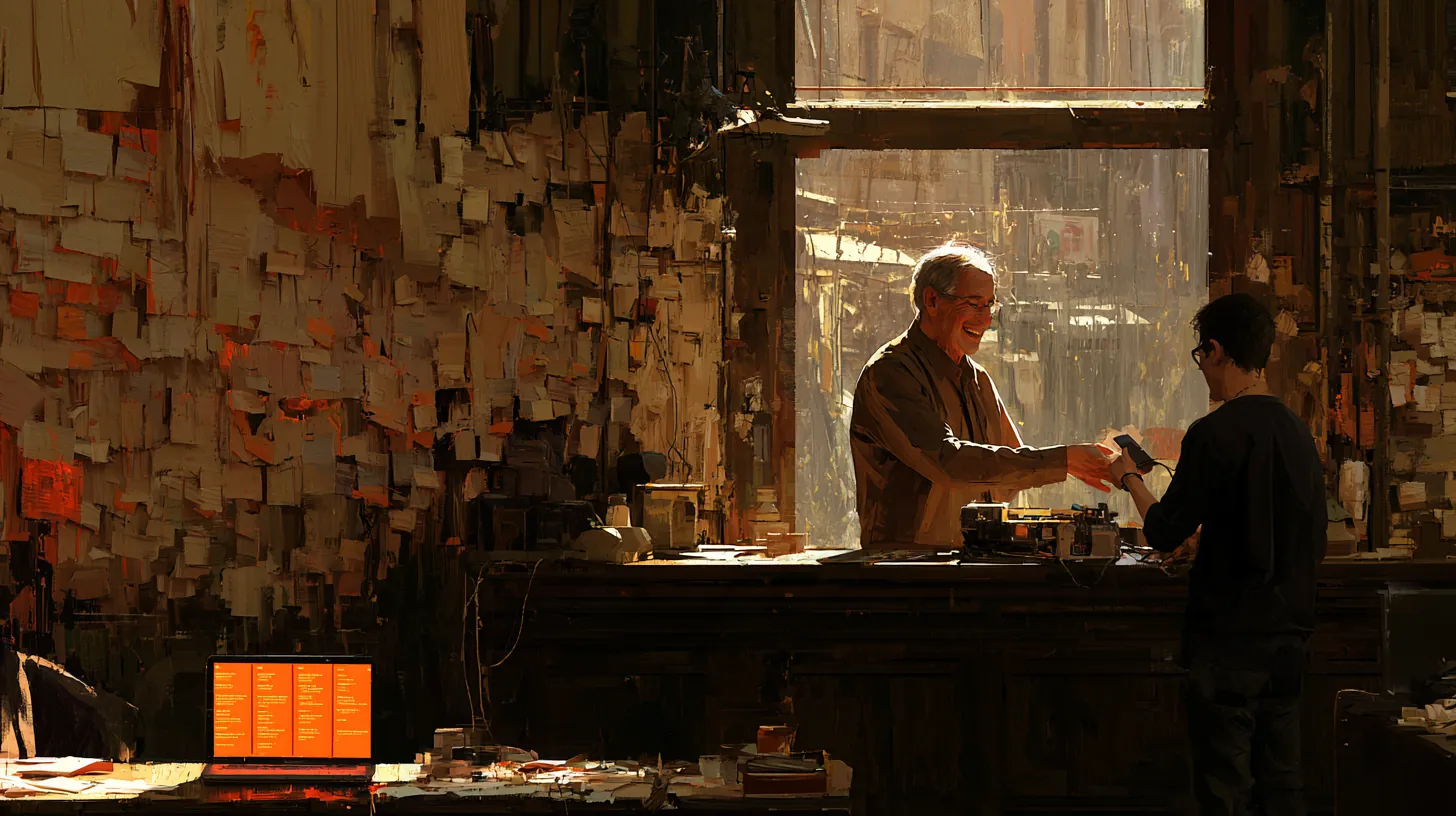 The same shop the next morning: sunlight comes through the window, the smiling owner hands a repaired appliance to a customer, and the jobs are lined up on the screen on the counter. Oil painting.