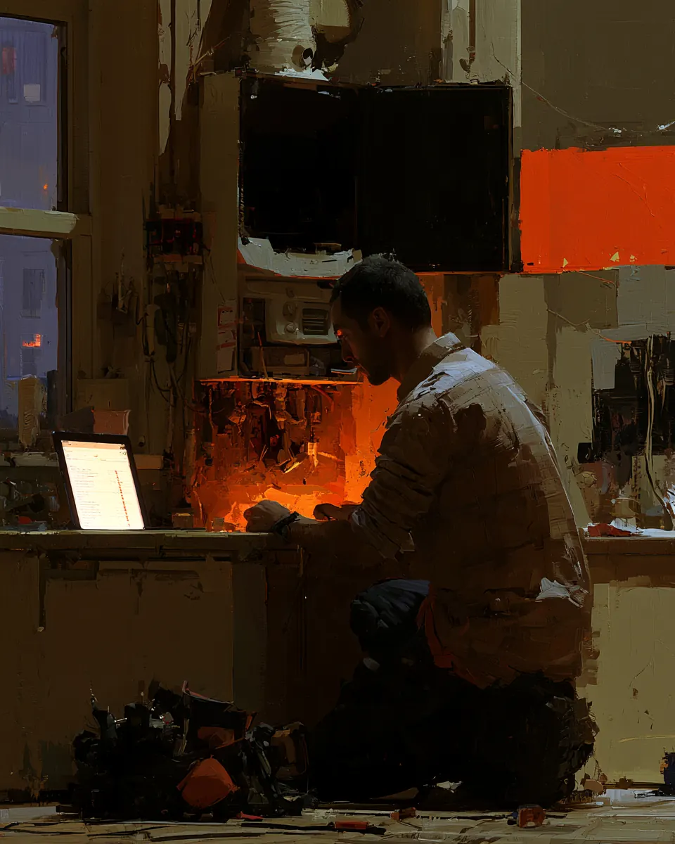 Field technician repairing a boiler in a kitchen, with an open laptop beside him; oil painting