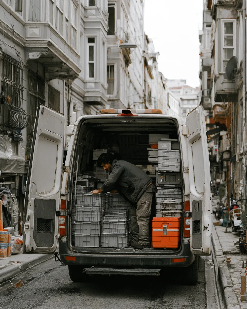 Dar bir İstanbul sokağında arka kapısı açık servis aracına turuncu kasalar yükleniyor